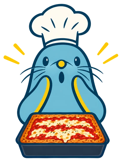 La foca con gorro de cocinero, sorprendida frente a una pizza Detroit recién salida