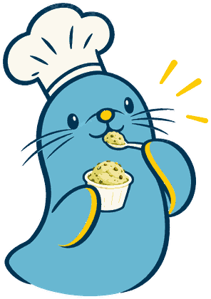 La foca con gorro de cocinero, probando helado de un pote