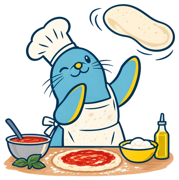 La foca con gorro de cocinero, tirando al aire un bollo de masa sobre la mesa de la pizza